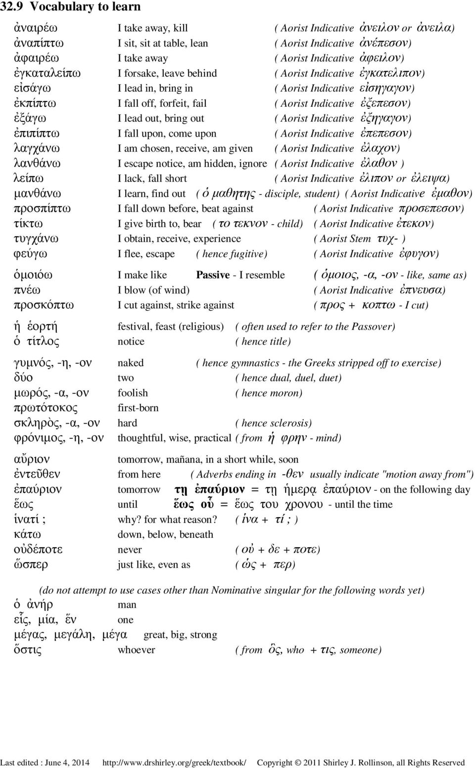 ἐξάγω I lead out, bring out ( Aorist Indicative ἐξηγαγον) ἐπιπίπτω I fall upon, come upon ( Aorist Indicative ἐπεπεσον) λαγχάνω I am chosen, receive, am given ( Aorist Indicative ἐλαχον) λανθάνω I