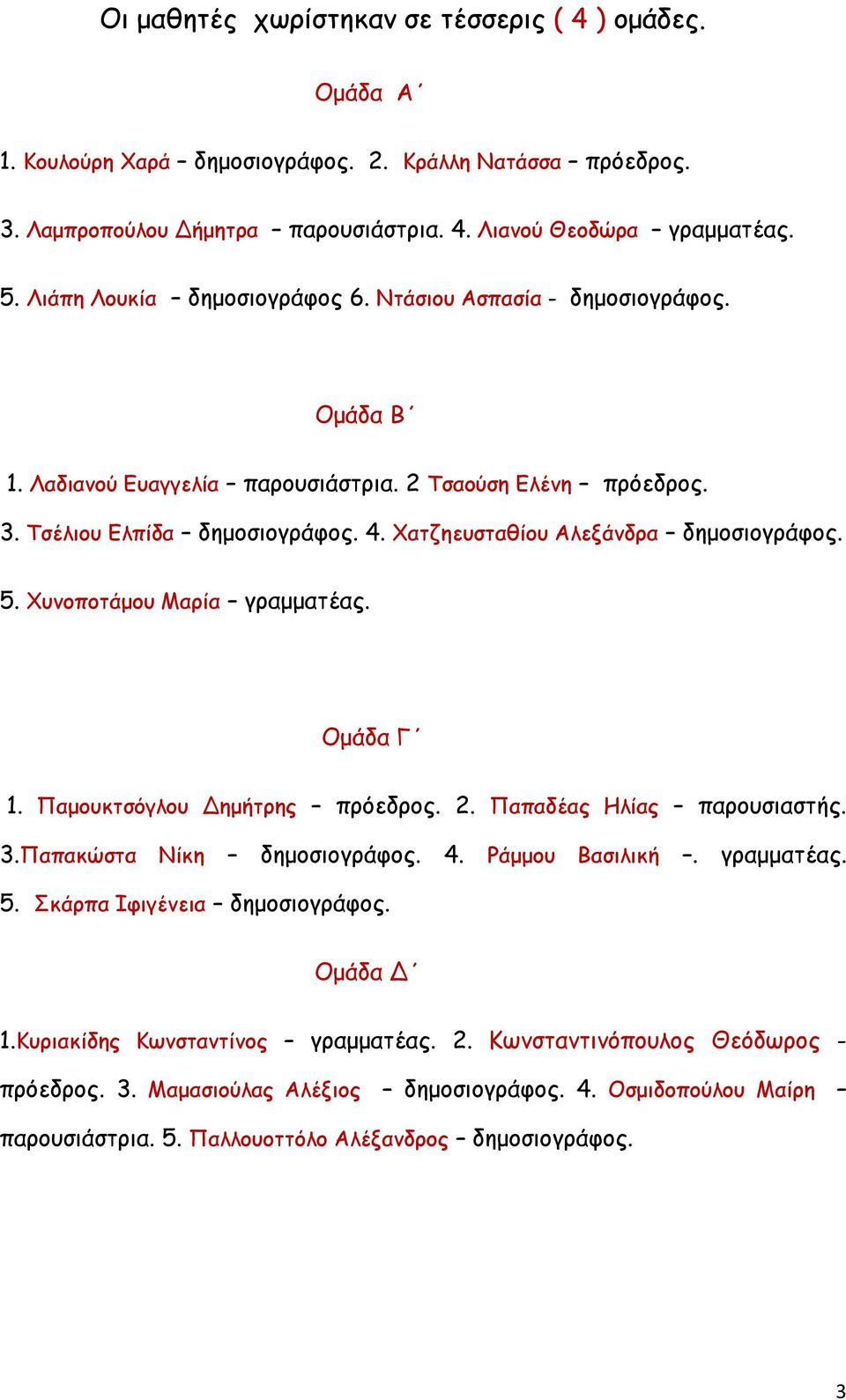 Χατζηευσταθίου Αλεξάνδρα δημοσιογράφος. 5. Χυνοποτάμου Μαρία γραμματέας. Ομάδα Γ 1. Παμουκτσόγλου Δημήτρης πρόεδρος. 2. Παπαδέας Ηλίας παρουσιαστής. 3.Παπακώστα Νίκη δημοσιογράφος. 4. Ράμμου Βασιλική.