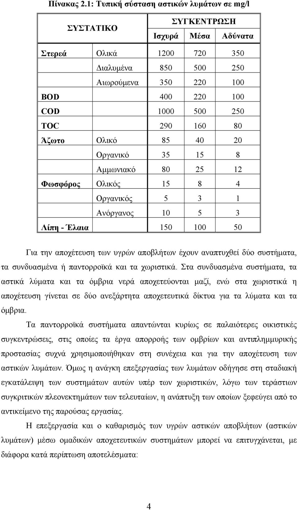 80 Άζωτο Ολικό 85 40 20 Οργανικό 35 15 8 Αµµωνιακό 80 25 12 Φωσφόρος Ολικός 15 8 4 Οργανικός 5 3 1 Ανόργανος 10 5 3 Λίπη - Έλαια 150 100 50 Για την αποχέτευση των υγρών αποβλήτων έχουν αναπτυχθεί δύο