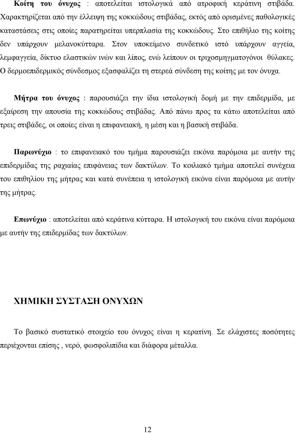 Στο επιθήλιο της κοίτης δεν υπάρχουν μελανοκύτταρα. Στον υποκείμενο συνδετικό ιστό υπάρχουν αγγεία, λεμφαγγεία, δίκτυο ελαστικών ινών και λίπος, ενώ λείπουν οι τριχοσμηγματογόνοι θύλακες.