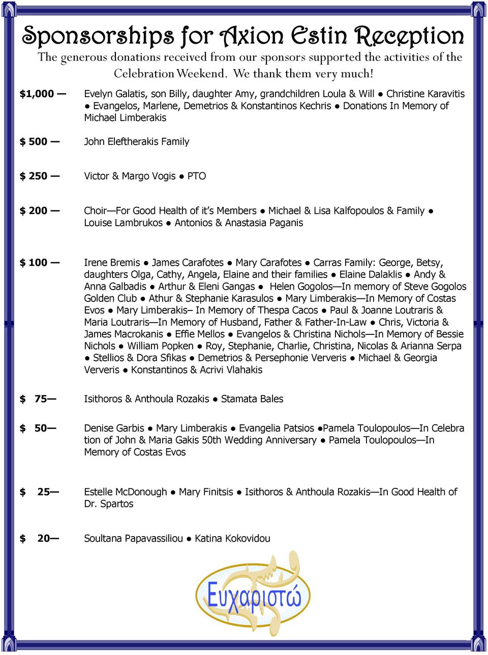 John Eleftherakis Family $ 250 Victor & Margo Vogis PTO $ 200 Choir For Good Health of it s Members Michael & Lisa Kalfopoulos & Family Louise Lambrukos Antonios & Anastasia Paganis $ 100 Irene