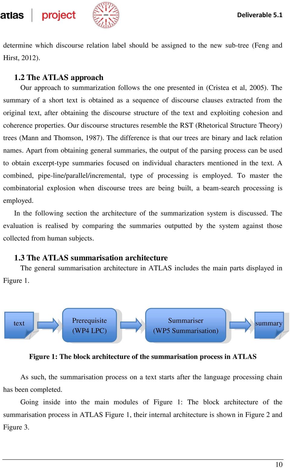 The summary of a short text is obtained as a sequence of discourse clauses extracted from the original text, after obtaining the discourse structure of the text and exploiting cohesion and coherence