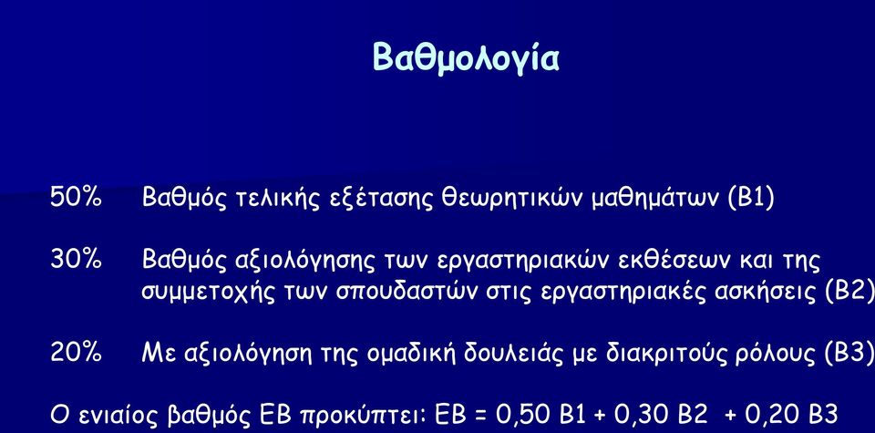 εργαστηριακές ασκήσεις (Β2) 20% Με αξιολόγηση της ομαδική δουλειάς με