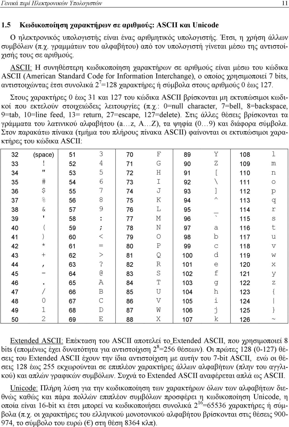 7 =128 χαρακτήρες ή σύμβολα στους αριθμούς 0 έως 127. Στους χαρακτήρες 0 έως 31 και 127 του κώδικα ASCII βρίσκονται μη εκτυπώσιμοι κωδικοί που εκτελούν στοιχειώδεις λειτουργίες (π.χ.: 0=null character, 7=bell, 8=backspace, 9=tab, 10=line feed, 13= return, 27=escape, 127=delete).