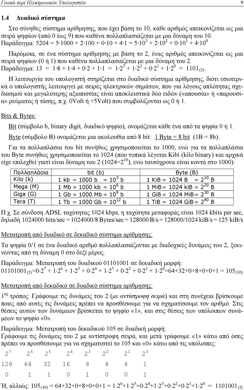 Παράδειγμα: 5204 = 5 1000 + 2 100 + 0 10 + 4 1 = 5 10 3 + 2 10 2 + 0 10 1 + 4 10 0 Παρόμοια, σε ένα σύστημα αρίθμησης με βάση το 2, ένας αριθμός απεικονίζεται ως μια σειρά ψηφίων (0 ή 1) που καθένα