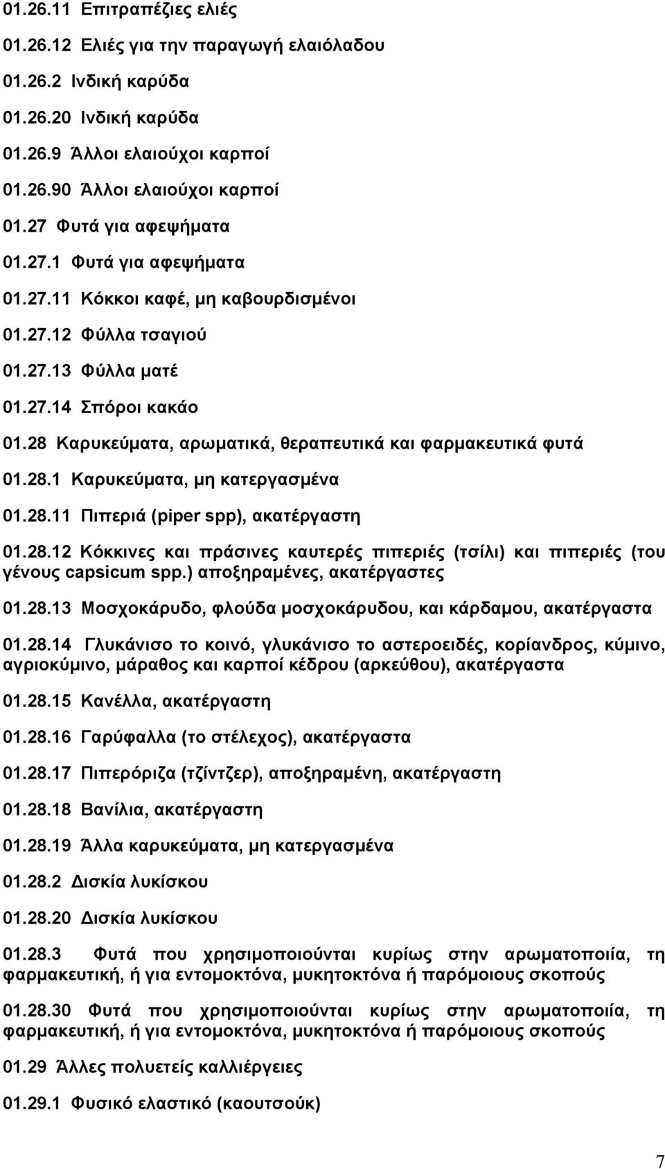 28 Καρυκεύματα, αρωματικά, θεραπευτικά και φαρμακευτικά φυτά 01.28.1 Καρυκεύματα, μη κατεργασμένα 01.28.11 Πιπεριά (piper spp), ακατέργαστη 01.28.12 Κόκκινες και πράσινες καυτερές πιπεριές (τσίλι) και πιπεριές (του γένους capsicum spp.