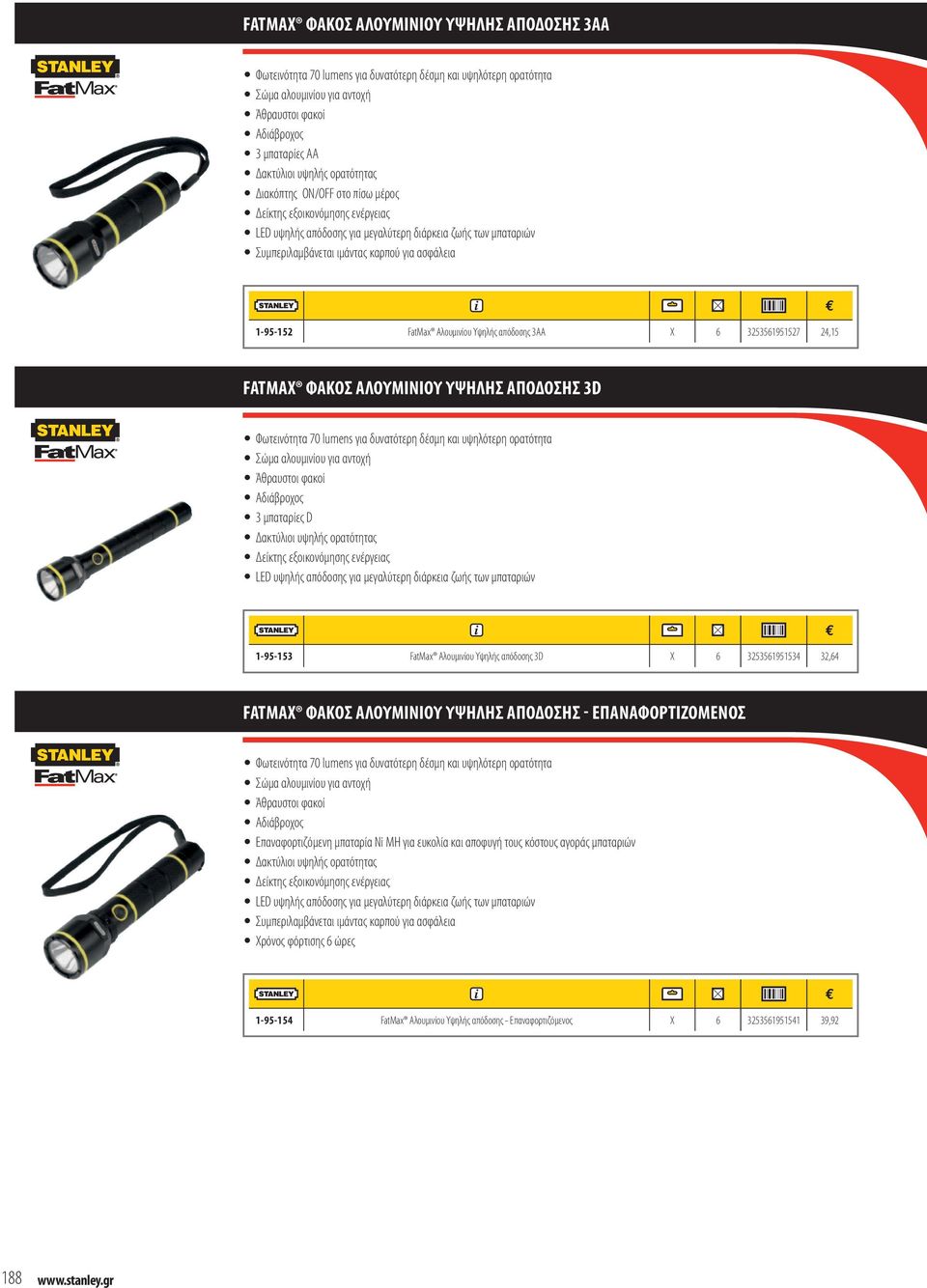 Αλουμινίου Υψηλής απόδοσης 3AA X 6 3253561951527 24,15 FATMAX ΦΑΚΟΣ ΑΛΟΥΜΙΝΙΟΥ ΥΨΗΛΗΣ ΑΠΟΔΟΣΗΣ 3D Φωτεινότητα 70 lumens για δυνατότερη δέσμη και υψηλότερη ορατότητα Σώμα αλουμινίου για αντοχή