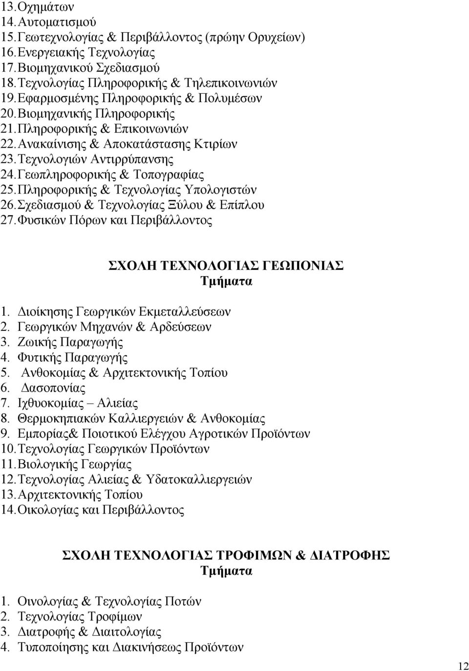 Γεωπληροφορικής & Τοπογραφίας 25. Πληροφορικής & Τεχνολογίας Υπολογιστών 26. Σχεδιασµού & Τεχνολογίας Ξύλου & Επίπλου 27. Φυσικών Πόρων και Περιβάλλοντος ΣΧΟΛΗ ΤΕΧΝΟΛΟΓΙΑΣ ΓΕΩΠΟΝΙΑΣ 1.