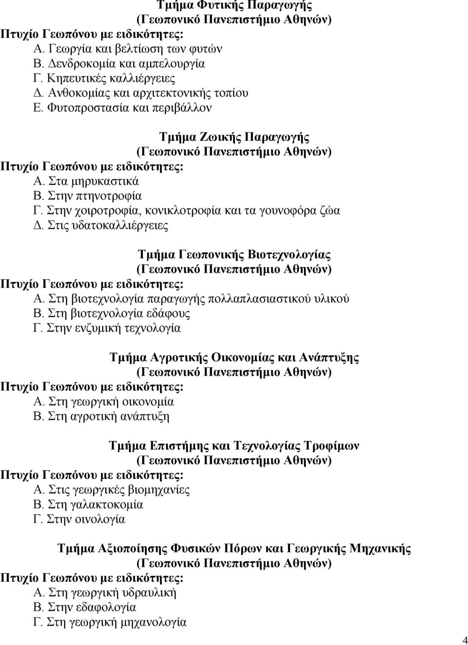 Στην χοιροτροφία, κονικλοτροφία και τα γουνοφόρα ζώα. Στις υδατοκαλλιέργειες Τµήµα Γεωπονικής Βιοτεχνολογίας (Γεωπονικό Πανεπιστήµιο Αθηνών) Πτυχίο Γεωπόνου µε ειδικότητες: Α.