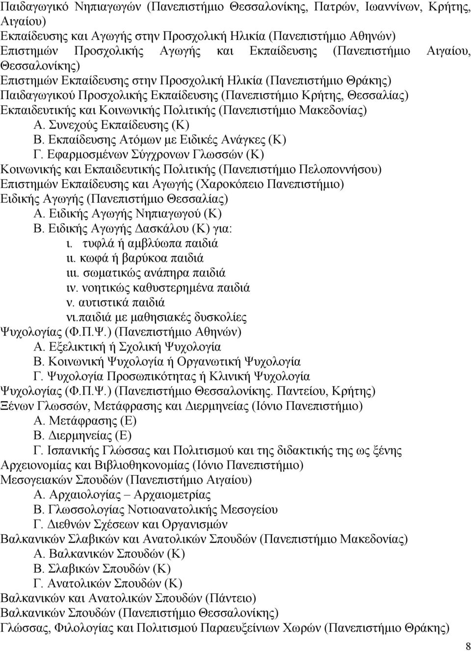 Κοινωνικής Πολιτικής (Πανεπιστήµιο Μακεδονίας) Α. Συνεχούς Εκπαίδευσης (Κ) Β. Εκπαίδευσης Ατόµων µε Ειδικές Ανάγκες (Κ) Γ.