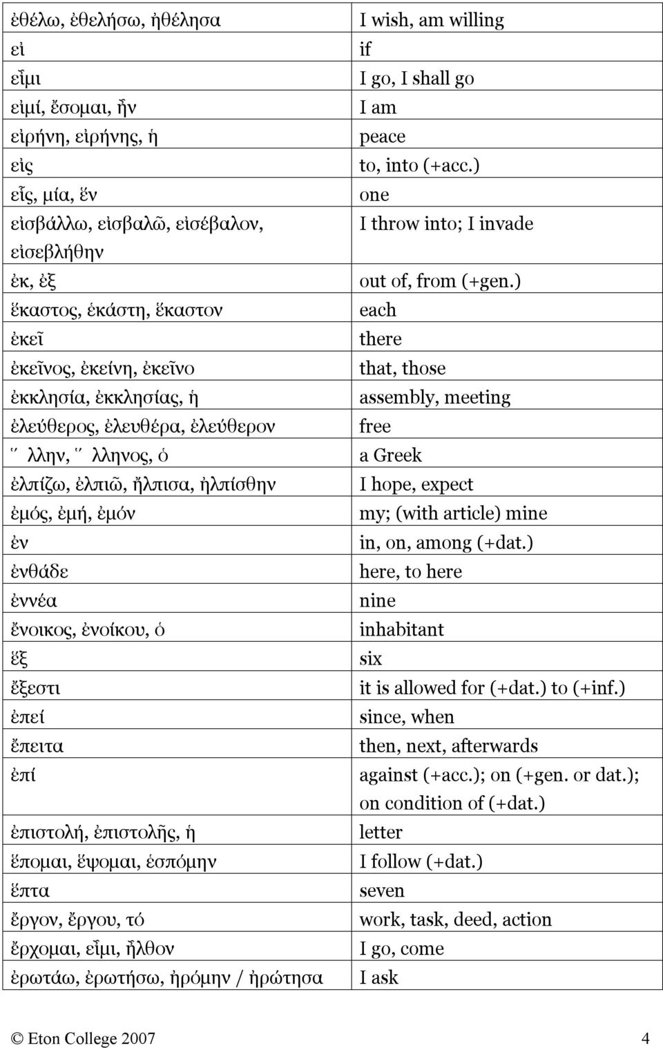 ἕπομαι, ἕѱομαι, ἑσπόμην ἕπτα ἔργον, ἔργου, τό ἔρχομαι, εἶμι, ἦλθον ἐρωτάω, ἐρωτήσω, ἠρόμην / ἠρώτησα I wish, am willing if I go, I shall go I am peace to, into (+acc.