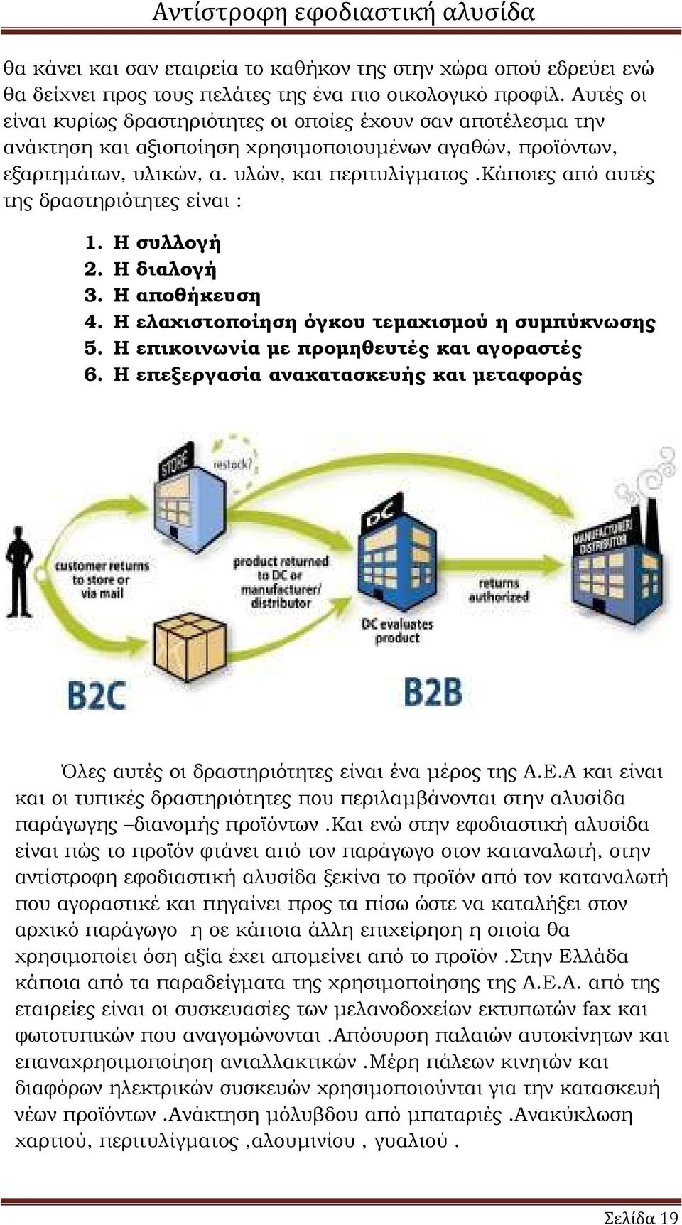 κάποιες από αυτές της δραστηριότητες είναι : 1. Η συλλογή 2. Η διαλογή 3. Η αποθήκευση 4. Η ελαχιστοποίηση όγκου τεµαχισµού η συµπύκνωσης 5. Η επικοινωνία µε προµηθευτές και αγοραστές 6.