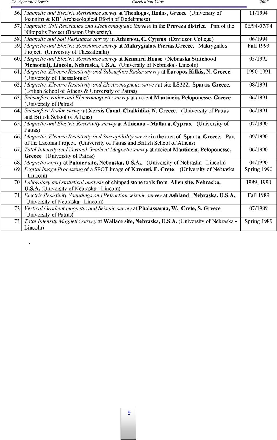 Cyprus (Davidson College) 06/1994 59. Magnetic and Electric Resistance survey at Makrygialos, Pierias,Greece. Makrygialos Fall 1993 Project. (University of Thessaloniki) 60.