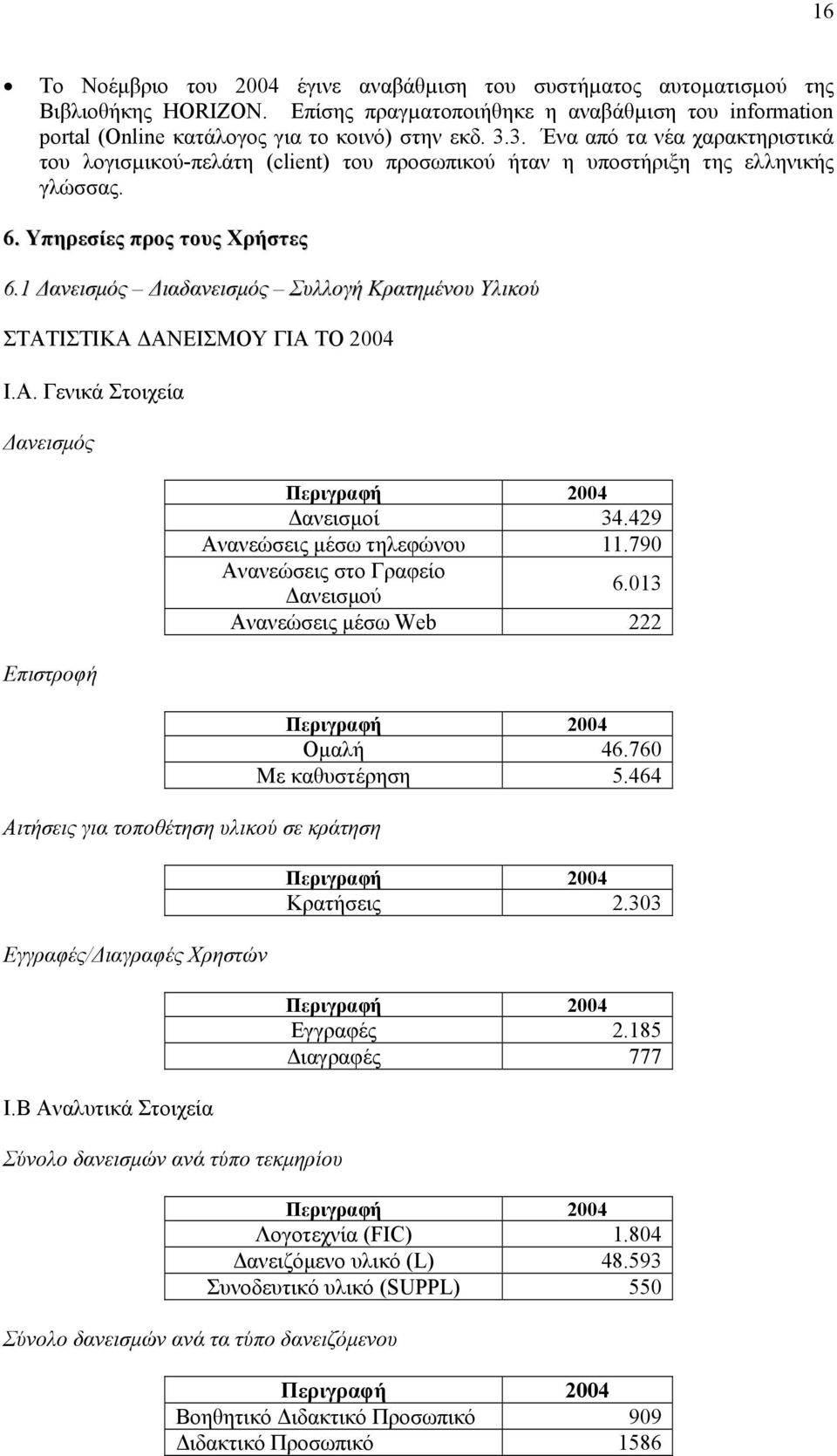 1 Δανεισμός Διαδανεισμός Συλλογή Κρατημένου Υλικού ΣΤΑΤΙΣΤΙΚΑ ΔΑΝΕΙΣΜΟΥ ΓΙΑ ΤΟ 2004 Ι.Α. Γενικά Στοιχεία Δανεισμός Επιστροφή Αιτήσεις για τοποθέτηση υλικού σε κράτηση Εγγραφές/Διαγραφές Χρηστών Ι.