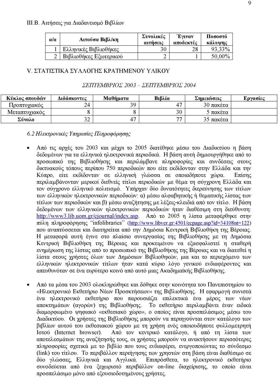 Σύνολο 32 47 77 35 πακέτα 6.2 Ηλεκτρονικές Υπηρεσίες Πληροφόρησης Από τις αρχές του 2003 και μέχρι το 2005 διατέθηκε μέσω του Διαδικτύου η βάση δεδοµένων για τα ελληνικά ηλεκτρονικά περιοδικά.