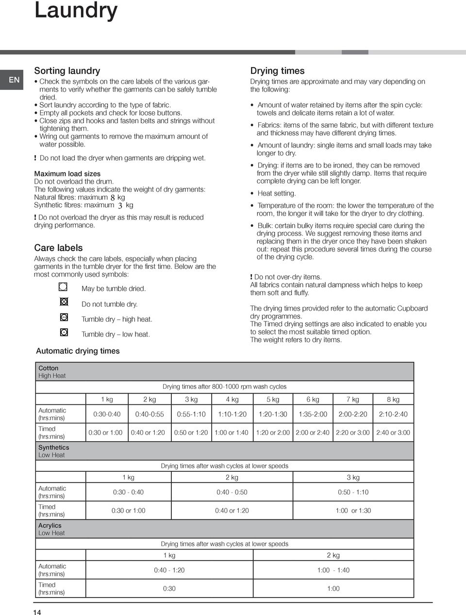 ! Do not load the dryer when garments are dripping wet. Maximum load sizes Do not overload the drum.