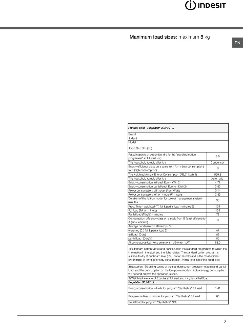 A+++ (low consumption) to D (high consumption) Condenser The weighted Annual Energy Consumption (AEc)* kwh 1) 559.