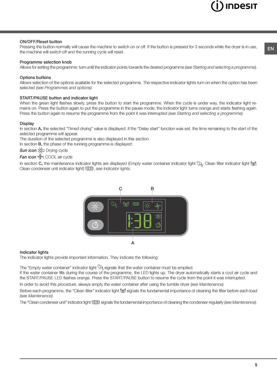 EN Programme selection knob Allows for setting the programme: turn until the indicator points towards the desired programme (see Starting and selecting a programme).