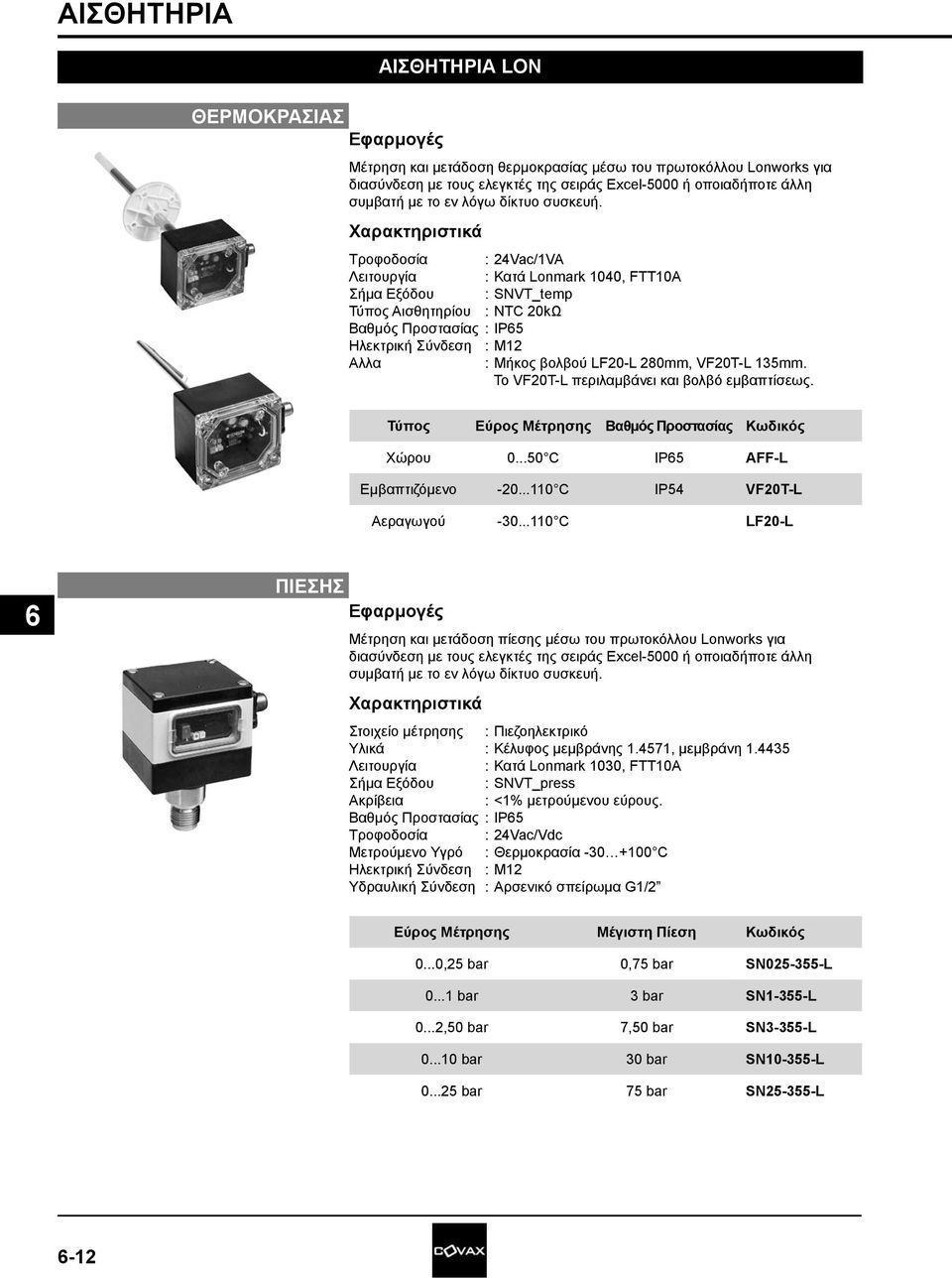 Τροφοδοσία : 24Vac/1VA Λειτουργία : Κατά Lonmark 1040, FTT10A : SNVT_temp Τύπος Αισθητηρίου : NTC 20kΩ Βαθμός Προστασίας : IP5 Ηλεκτρική Σύνδεση : M12 Αλλα : Μήκος βολβού LF20-L 280mm, VF20T-L 135mm.