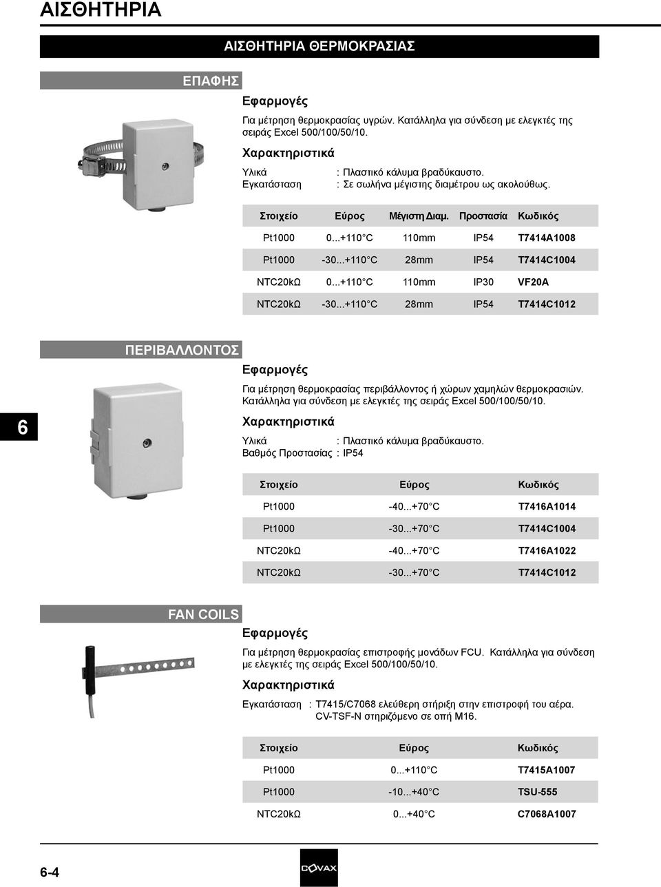 ..+110 C 28mm IP54 T7414C1012 ΠΕΡΙΒΑΛΛΟΝΤΟΣ Για μέτρηση θερμοκρασίας περιβάλλοντος ή χώρων χαμηλών θερμοκρασιών. Κατάλληλα για σύνδεση με ελεγκτές της σειράς Excel 500/100/50/10.