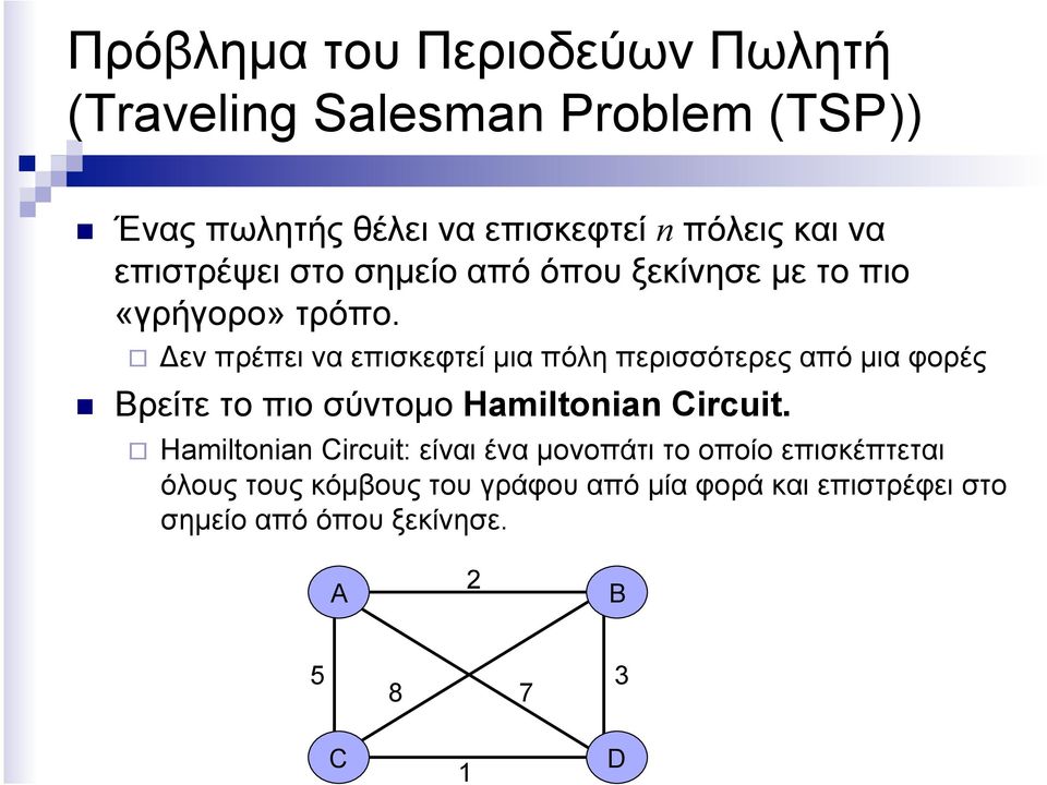 Δεν πρέπει να επισκεφτεί µια πόλη περισσότερες από µια φορές Βρείτε το πιο σύντοµο Hamiltonian Circuit.