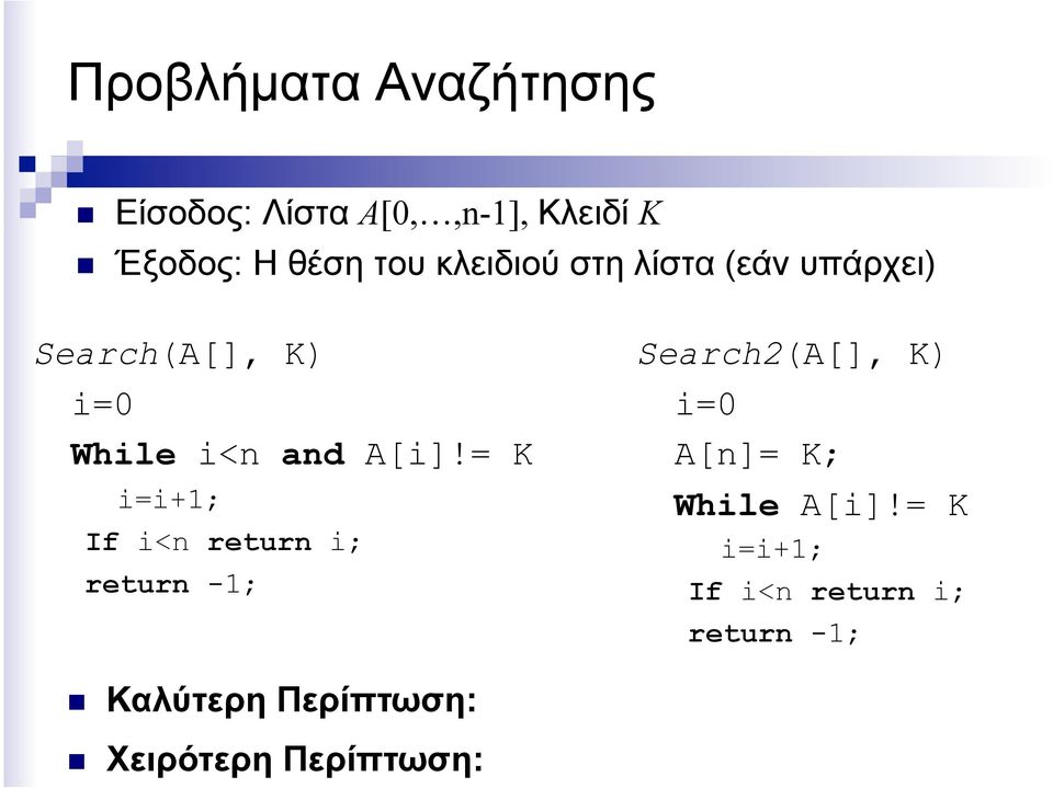 = K i=i+1; If i<n return i; return -1; Search2(A[], K) i=0 A[n]= K; While