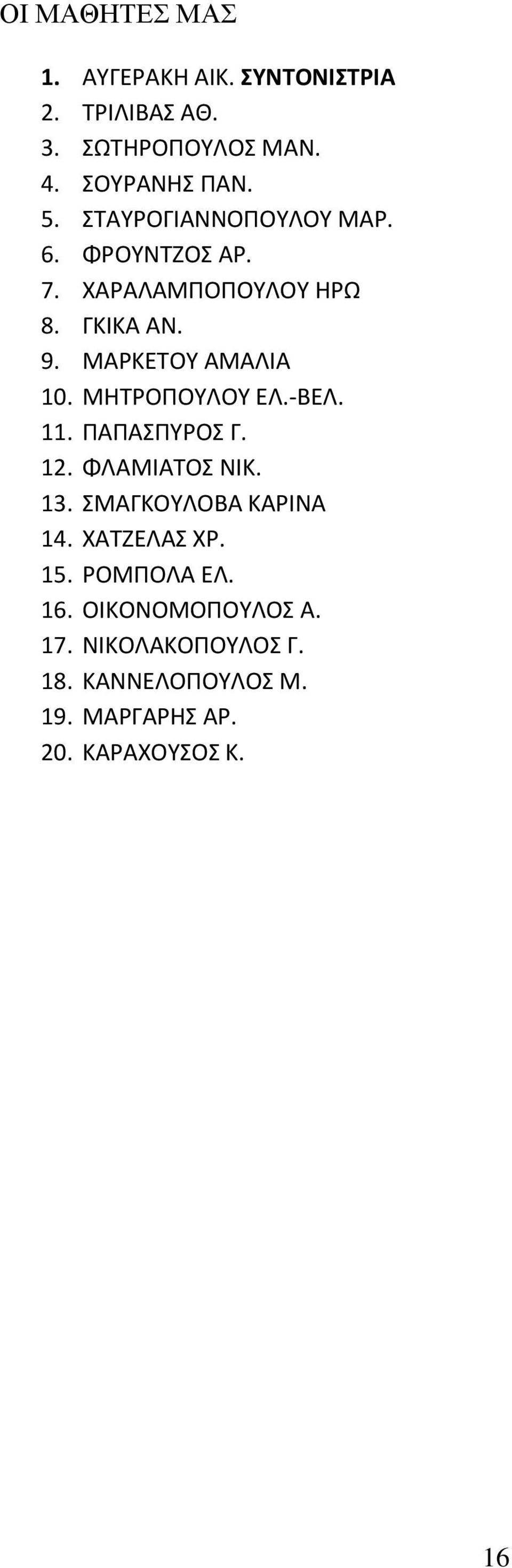 ΜΗΤΡΟΠΟΥΛΟΥ ΕΛ.-ΒΕΛ. 11. ΠΑΠΑΣΠΥΡΟΣ Γ. 12. ΦΛΑΜΙΑΤΟΣ ΝΙΚ. 13. ΣΜΑΓΚΟΥΛΟΒΑ ΚΑΡΙΝΑ 14. ΧΑΤΖΕΛΑΣ ΧΡ. 15.