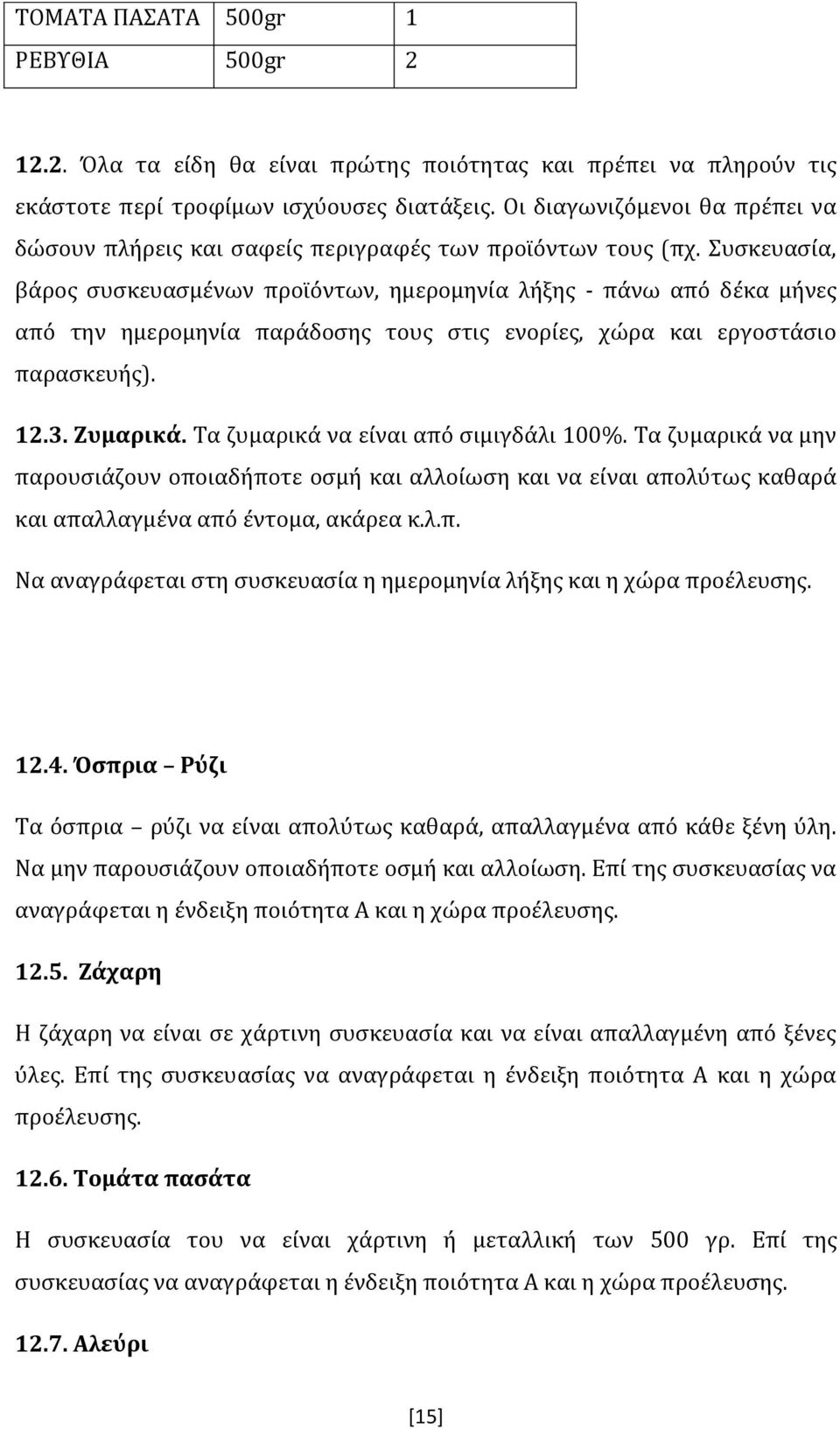 Συσκευασία, βάρος συσκευασμένων προϊόντων, ημερομηνία λήξης - πάνω από δέκα μήνες από την ημερομηνία παράδοσης τους στις ενορίες, χώρα και εργοστάσιο παρασκευής). 12.3. Ζυμαρικά.