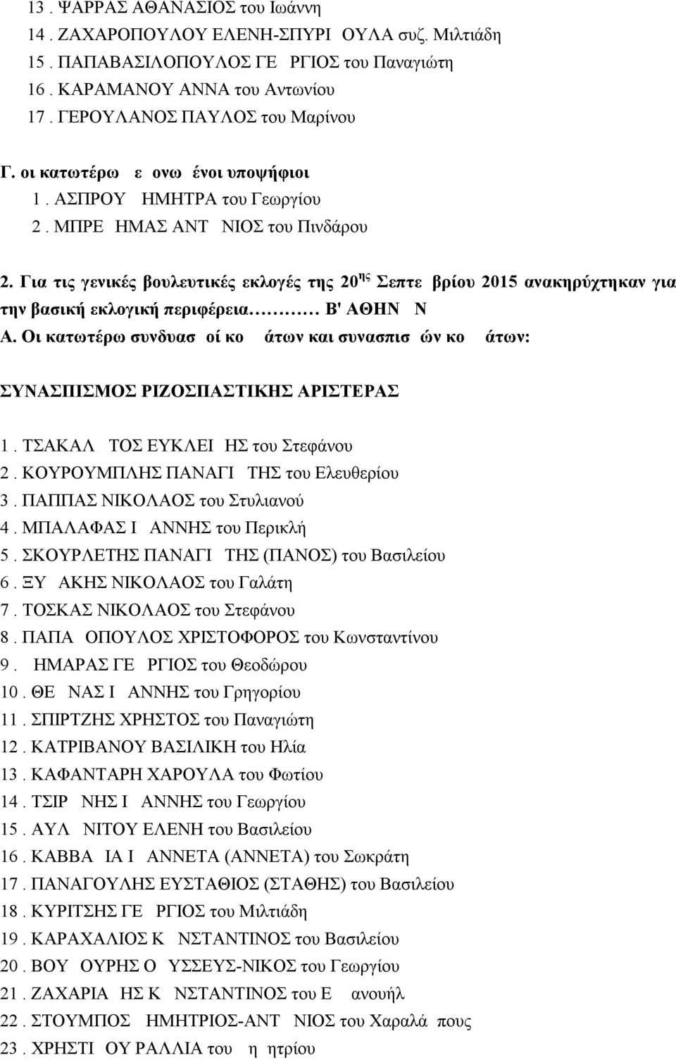 Για τις γενικές βουλευτικές εκλογές της 20 ης Σεπτεμβρίου 2015 ανακηρύχτηκαν για την βασική εκλογική περιφέρεια Β' ΑΘΗΝΩΝ Α.