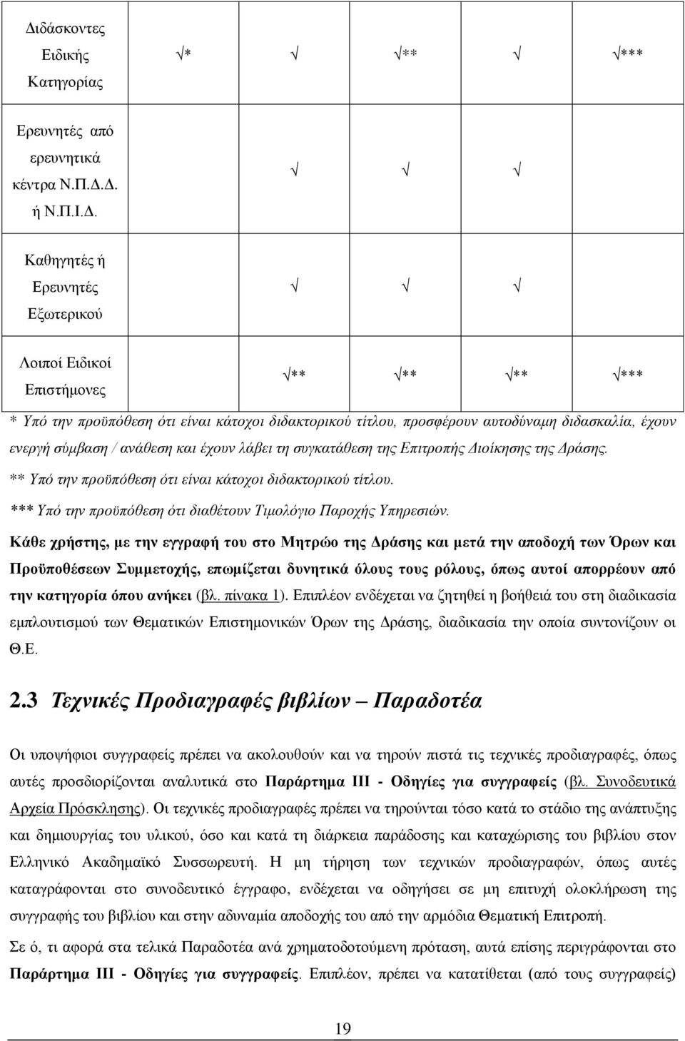 ** Υπό την προϋπόθεση ότι είναι κάτοχοι διδακτορικού τίτλου. *** Υπό την προϋπόθεση ότι διαθέτουν Τιμολόγιο Παροχής Υπηρεσιών.