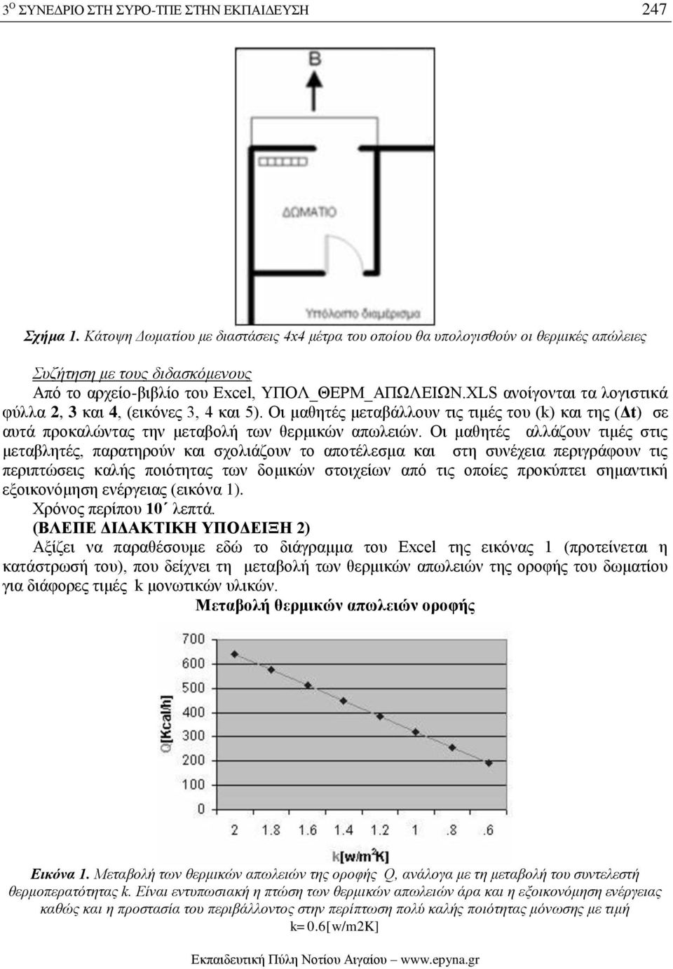 XLS ανοίγονται τα λογιστικά φύλλα 2, 3 και 4, (εικόνες 3, 4 και 5). Οι μαθητές μεταβάλλουν τις τιμές του (k) και της (Δt) σε αυτά προκαλώντας την μεταβολή των θερμικών απωλειών.