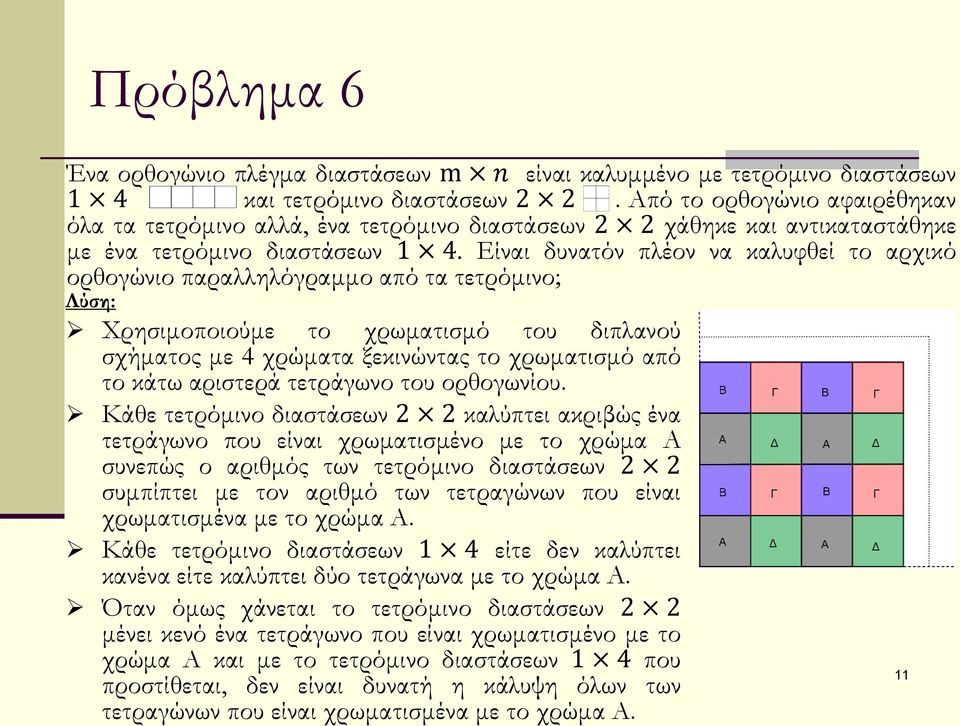 Είναι δυνατόν πλέον να καλυφθεί το αρχικό ορθογώνιο παραλληλόγραμμο από τα τετρόμινο; Λύση: Χρησιμοποιούμε το χρωματισμό του διπλανού σχήματος με 4 χρώματα ξεκινώντας το χρωματισμό από το κάτω