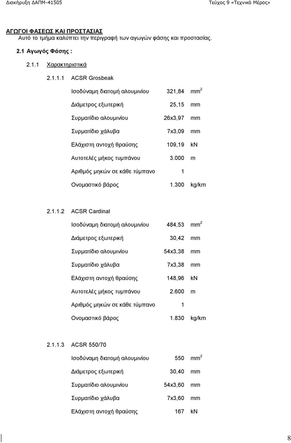 1 Χαρακτηριστικά 2.1.1.1 ACSR Grosbeak Ισοδύναμη διατομή αλουμινίου 321,84 mm 2 Διάμετρος εξωτερική 25,15 mm Συρματίδιο αλουμινίου 26x3,97 mm Συρματίδιο χάλυβα 7x3,09 mm Ελάχιστη αντοχή θραύσης