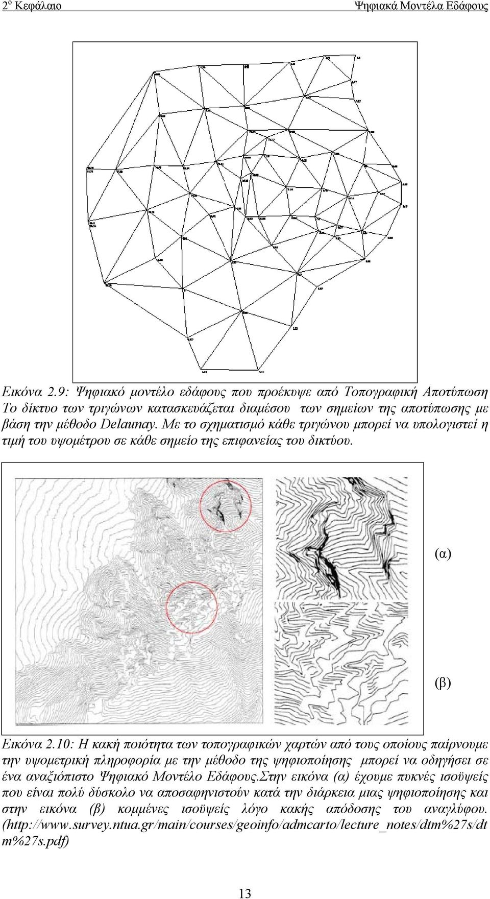 Με το σχηματισμό κάθε τριγώνου μπορεί να υπολογιστεί η τιμή του υψομέτρου σε κάθε σημείο της επιφανείας του δικτύου. (α) (β) Εικόνα 2.