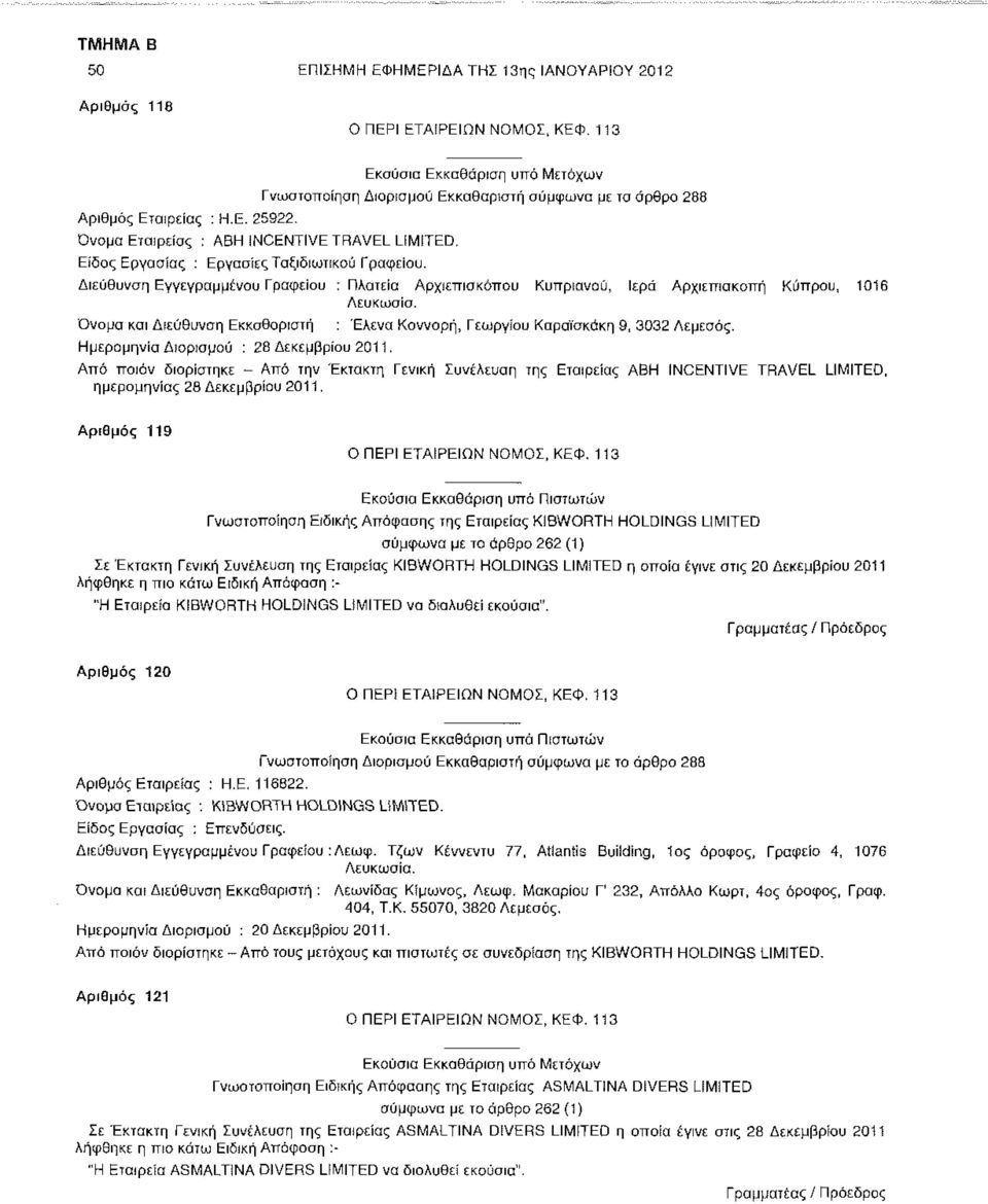 Ημερομηνία Δϊορισμού : 28 Δεκεμβρίου 2011. Από ποιόν διορίστηκε - Από την Έκτακτη Γενική Συνέλευση της Εταιρείας ABH INCENTIVE TRAVEL LIMITED, ημερομηνίας 28 Δεκεμβρίου 2011.