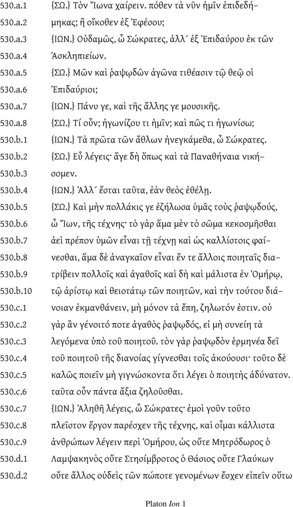 } Πάνυ γε, καὶ τῆς ἄλλης γε μουσικῆς. {ΣΩ.} Τί οὖν; ἠγωνίζου τι ἡμῖν; καὶ πῶς τι ἠγωνίσω; {ΙΩΝ.} Τὰ πρῶτα τῶν ἄθλων ἠνεγκάμεθα, ὦ Σώκρατες. {ΣΩ.} Εὖ λέγεις ἄγε δὴ ὅπως καὶ τὰ Παναθήναια νική σομεν.