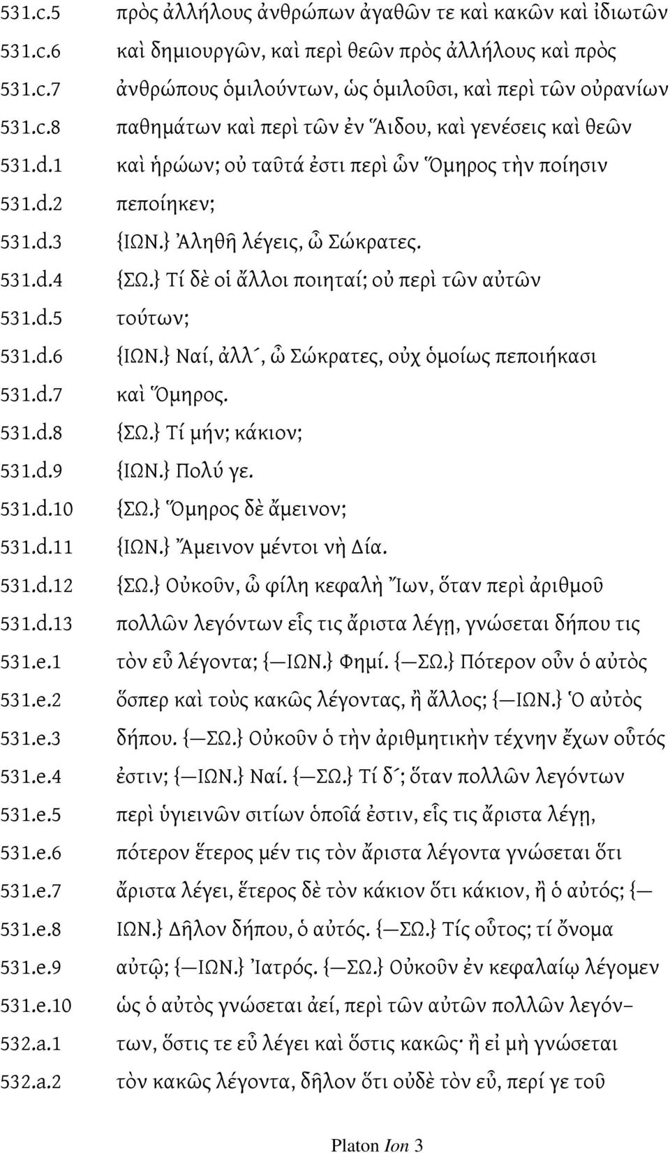 } Ναί, ἀλλ, ὦ Σώκρατες, οὐχ ὁμοίως πεποιήκασι 531.d.7 καὶ Ὅμηρος. 531.d.8 {ΣΩ.} Τί μήν; κάκιον; 531.d.9 {ΙΩΝ.} Πολύ γε. 531.d.10 {ΣΩ.} Ὅμηρος δὲ ἄμεινον; 531.d.11 {ΙΩΝ.} Ἄμεινον μέντοι νὴ ία. 531.d.12 {ΣΩ.