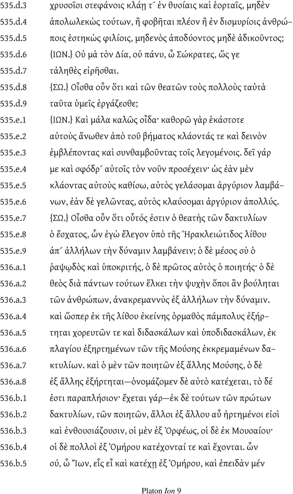 } Οὐ μὰ τὸν ία, οὐ πάνυ, ὦ Σώκρατες, ὥς γε τἀληθὲς εἰρῆσθαι. {ΣΩ.} Οἶσθα οὖν ὅτι καὶ τῶν θεατῶν τοὺς πολλοὺς ταὐτὰ ταῦτα ὑμεῖς ἐργάζεσθε; {ΙΩΝ.