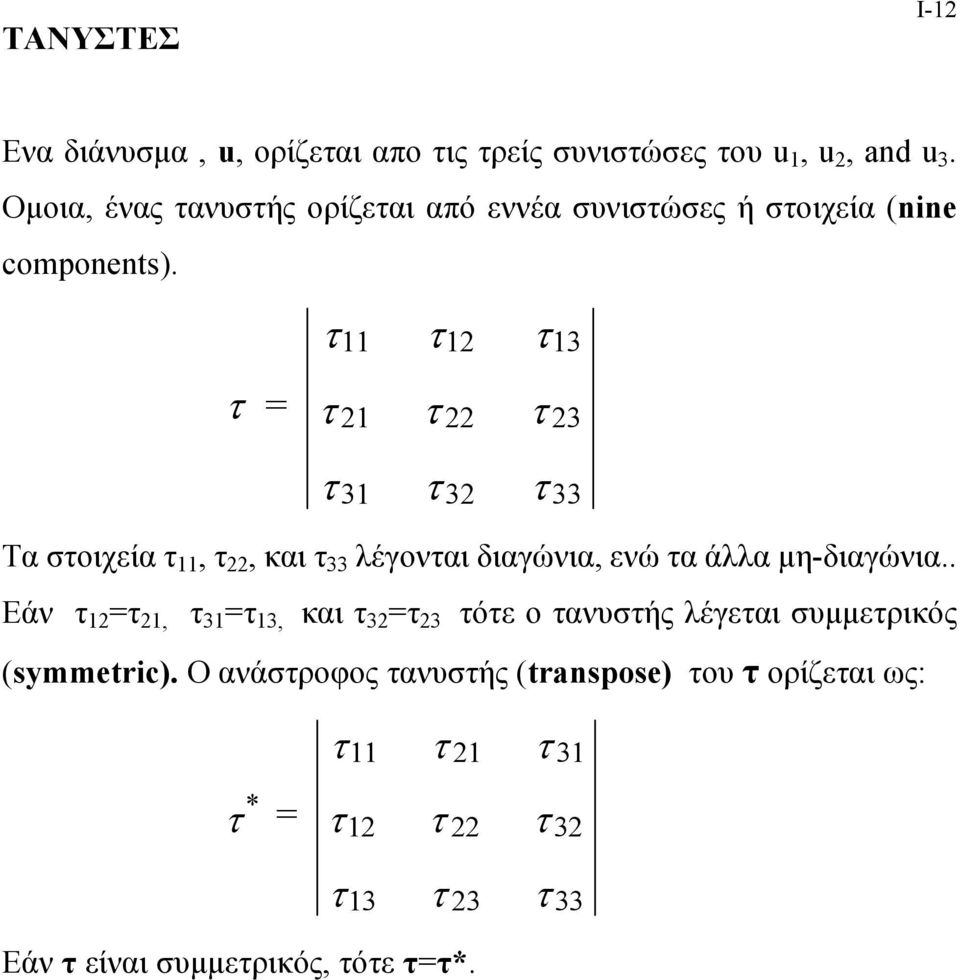 11 12 13 21 22 23 31 32 33 Τα σοιχεία 11, 22, και 33 λέγοναι διαγώνια, ενώ α άλλα µη-διαγώνια.