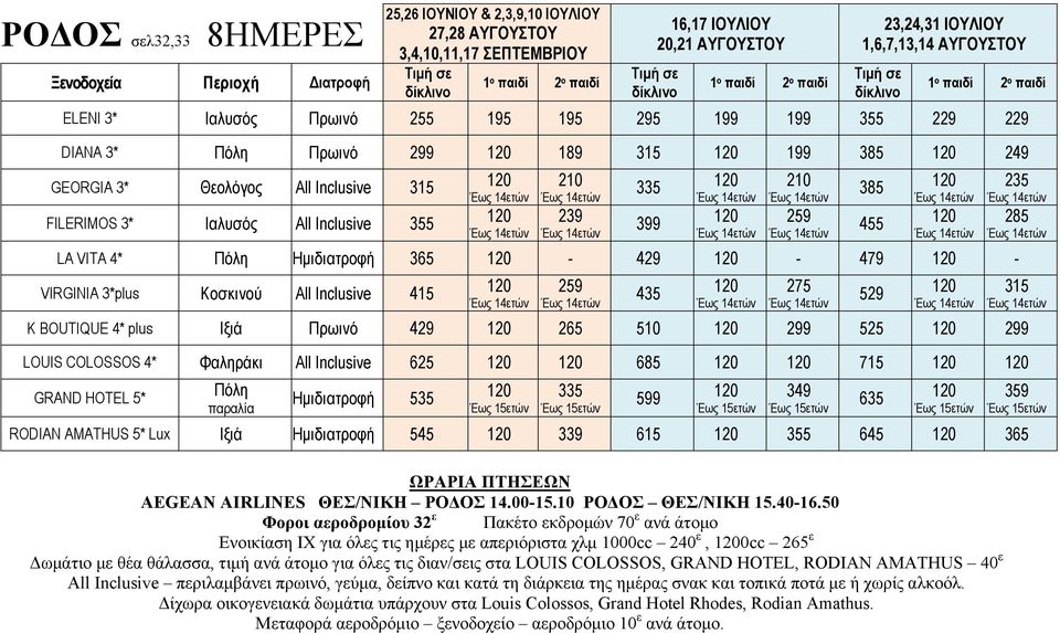 Inclusive 355 210 239 ΩΡΑΡΙΑ ΠΤΗΣΕΩΝ ΑΕGEAN AIRLINES ΘΕΣ/ΝΙΚΗ ΡΟΔΟΣ 14.00-15.10 ΡΟΔΟΣ ΘΕΣ/ΝΙΚΗ 15.40-16.