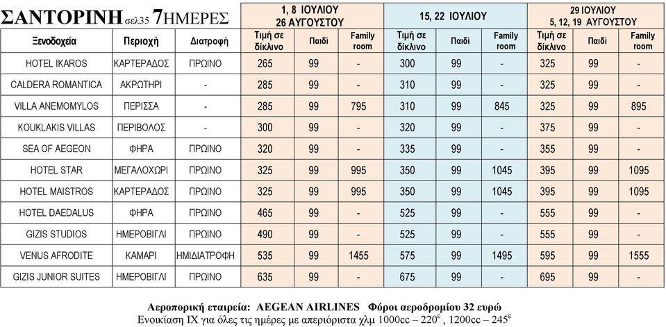 995 350 99 1045 395 99 1095 HOTEL MAISTROS ΚΑΡΤΕΡΑΔΟΣ ΠΡΩΙΝΟ 325 99 995 350 99 1045 395 99 1095 HOTEL DAEDALUS ΦΗΡΑ ΠΡΩΙΝΟ 465 99-525 99-555 99 - GIZIS STUDIOS ΗΜΕΡΟΒΙΓΛΙ ΠΡΩΙΝΟ 490 99-525 99-555 99