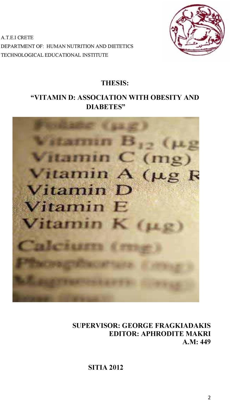 TECHNOLOGICAL EDUCATIONAL INSTITUTE THESIS: VITAMIN D: