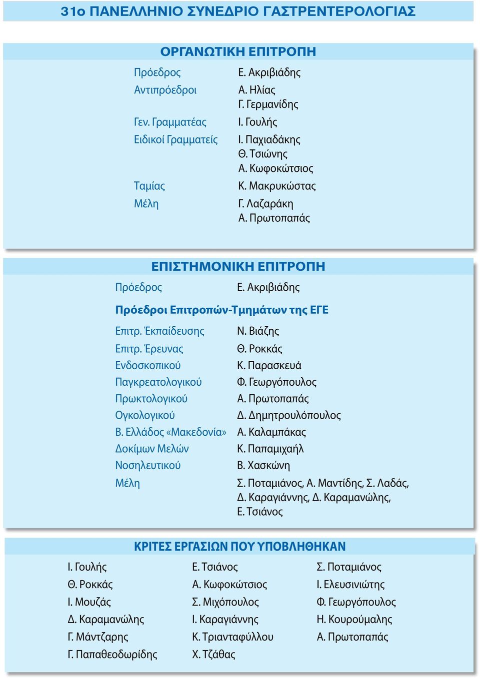 Βιάζης Επιτρ. Έρευνας Θ. Ροκκάς Ενδοσκοπικού Κ. Παρασκευά Παγκρεατολογικού Φ. Γεωργόπουλος Πρωκτολογικού Α. Πρωτοπαπάς Ογκολογικού Δ. Δημητρουλόπουλος Β. Ελλάδος «Μακεδονία» Α.