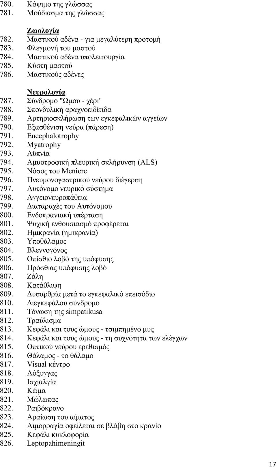 Myatrophy 793. Αϋπνία 794. Αμυοτροφική πλευρική σκλήρυνση (ALS) 795. Νόσος του Meniere 796. Πνευμονογαστρικού νεύρου διέγερση 797. Αυτόνομο νευρικό σύστημα 798. Αγγειονευροπάθεια 799.