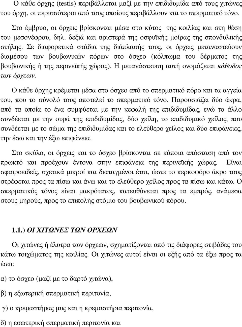 Σε διαφορετικά στάδια της διάπλασής τους, οι όρχεις µεταναστεύουν διαµέσου των βουβωνικών πόρων στο όσχεο (κόλπωµα του δέρµατος της βουβωνικής ή της περινεϊκής χώρας).