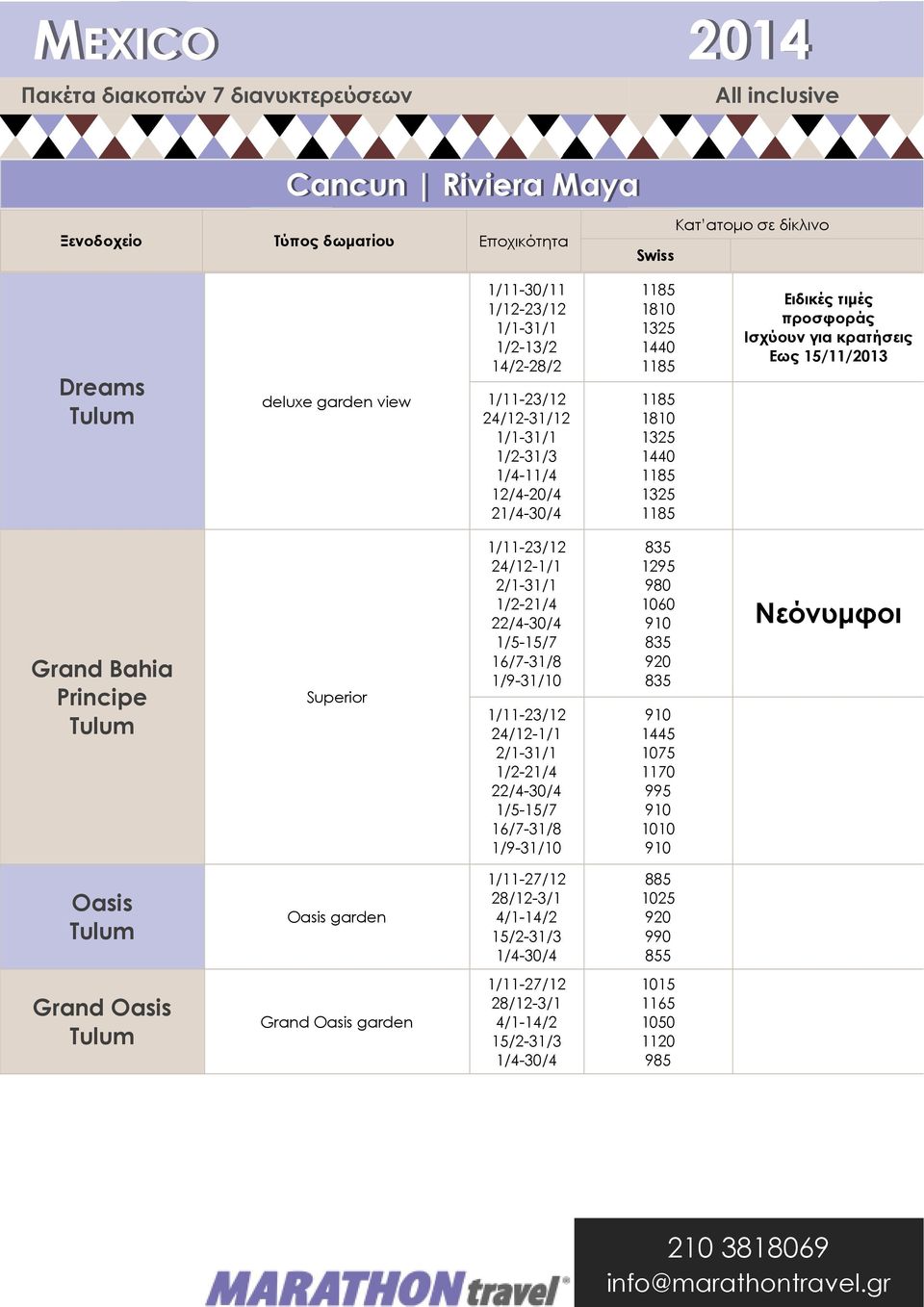 προσφοράς Ισχύουν για κρατήσεις Εως 15/11/2013 Grand Bahia Principe Tulum Superior 1295 980 1060 1445 1075 1170 995
