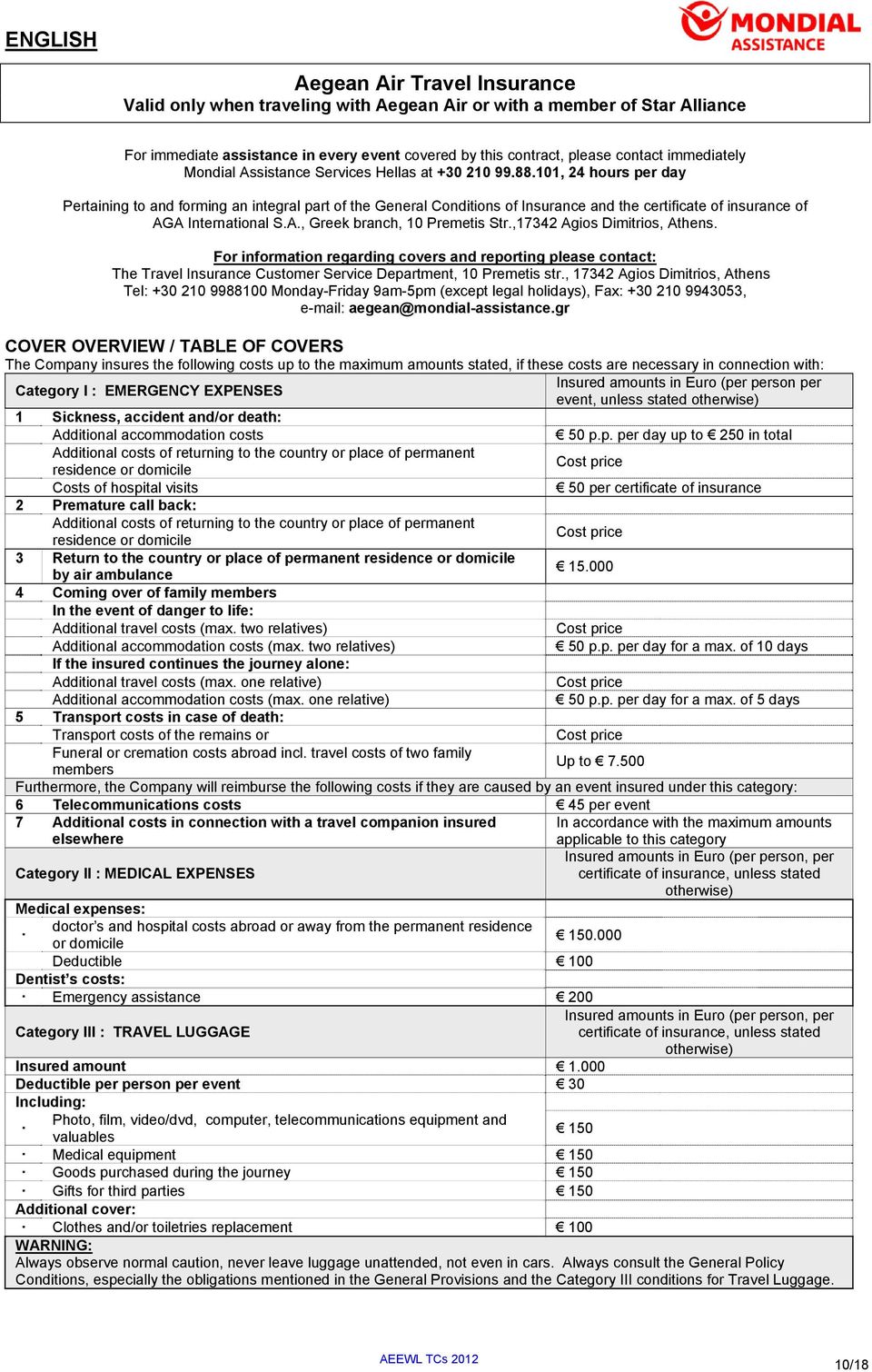 101, 24 hours per day Pertaining to and forming an integral part of the General Conditions of Insurance and the certificate of insurance of AGA International S.A., Greek branch, 10 Premetis Str.