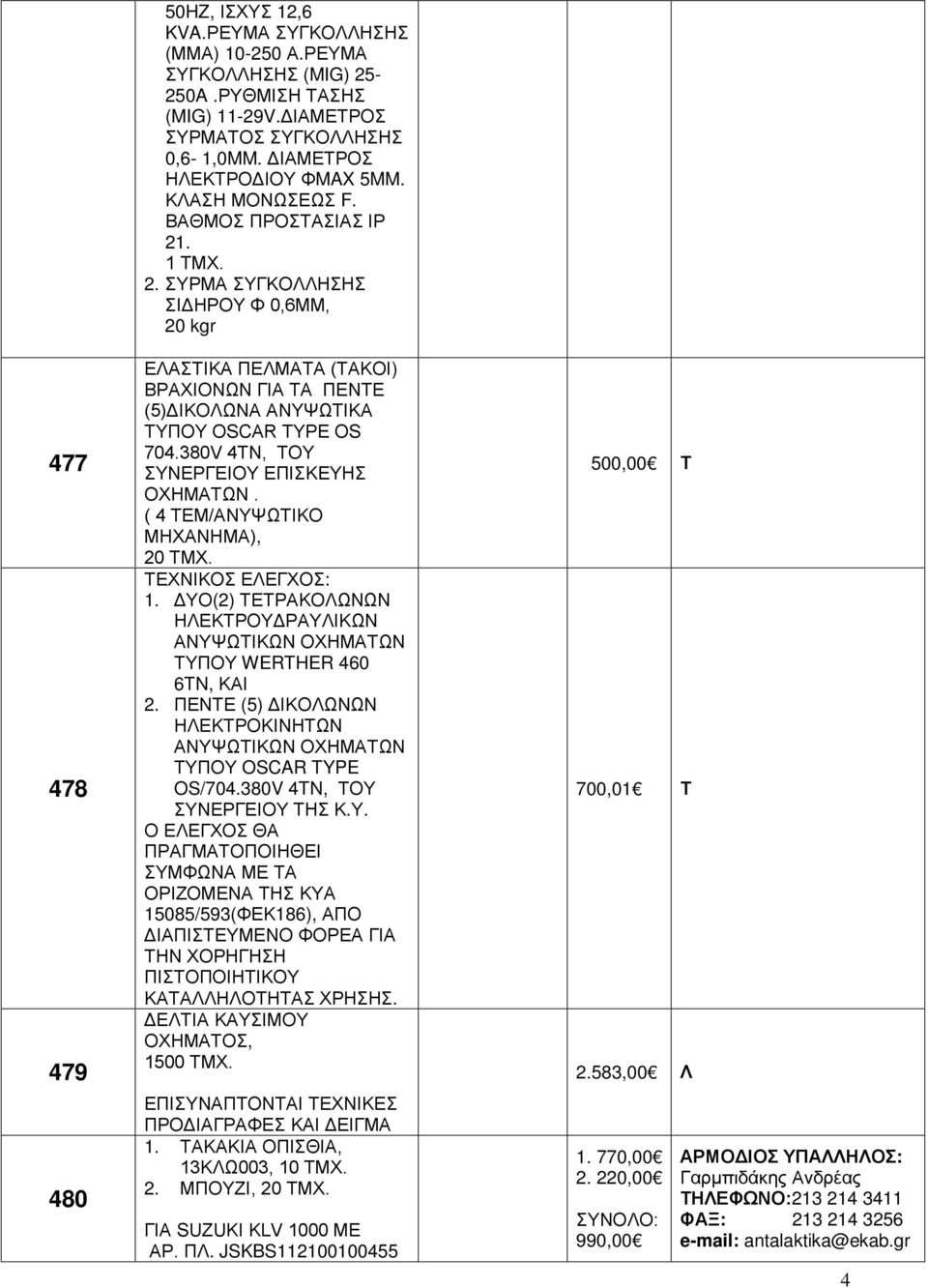 . 2. ΣΥΡΜΑ ΣΥΓΚΟΛΛΗΣΗΣ ΣΙΔΗΡΟΥ Φ 0,6MM, 20 kgr ΕΛΑΣΤΙΚΑ ΠΕΛΜΑΤΑ (ΤΑΚΟΙ) ΒΡΑΧΙΟΝΩΝ ΓΙΑ ΤΑ ΠΕΝΤΕ (5)ΔΙΚΟΛΩΝΑ ΑΝΥΨΩΤΙΚΑ ΤΥΠΟΥ OSCAR TYPE OS 704.380V 4TN, ΤΟΥ ΣΥΝΕΡΓΕΙΟΥ ΕΠΙΣΚΕΥΗΣ ΟΧΗΜΑΤΩΝ.