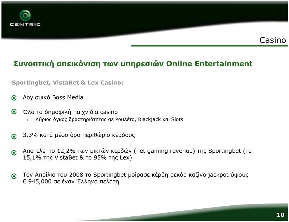 περιθώριο κέρδους Αποτελεί το 12,2% των μικτών κερδών (net gaming revenue) της Sportingbet (το 15,1% της VistaBet & το