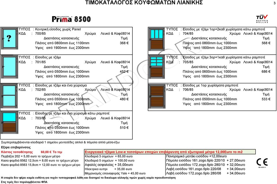 τζάμι 3ορ+1καθ χωρίσματα κάτω ραμποτέ ΚΩΔ : 701/85 Xρώμα Λευκό & Kαφέ8014 ΚΩΔ : 705/85 Xρώμα Λευκό & Kαφέ8014 Διαστάσεις κατασκευής Τιμή Διαστάσεις κατασκευής Τιμή Πλάτος από 0500mm έως 1000mm 452